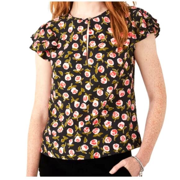 Kate Spade New York medium ditsy rosed flutter sleeve keyhole top TB2 2893 - Picture 1 of 10